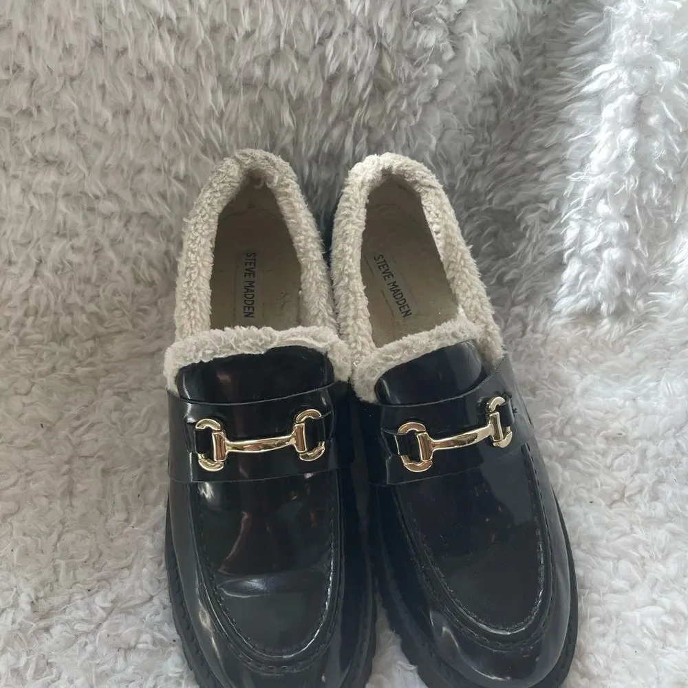 Steve Madden synthetic black Patent Chunky lug loafers bit buckle accent SZ11M